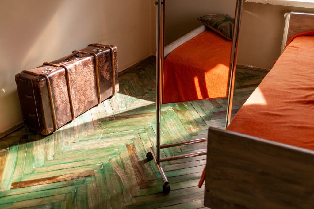 Bedroom with a storage box for organizing clothes and bedding