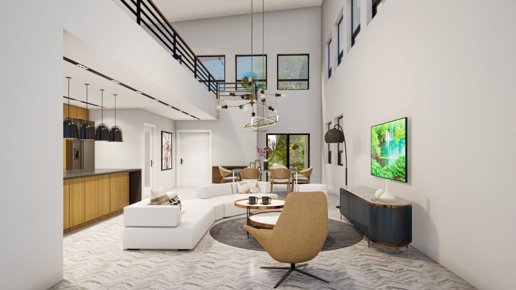 Modern living room with stylish home accents, wall decor and open kitchen