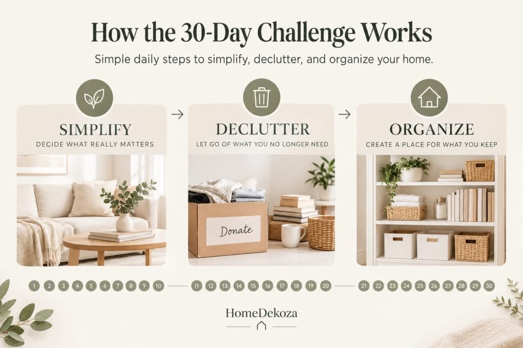 30-day home organization challenge with simple daily steps to simplify, declutter, and organize your home