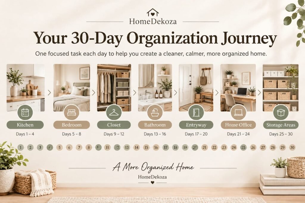 Your 30-day home organization journey with daily tasks for a cleaner and more organized home