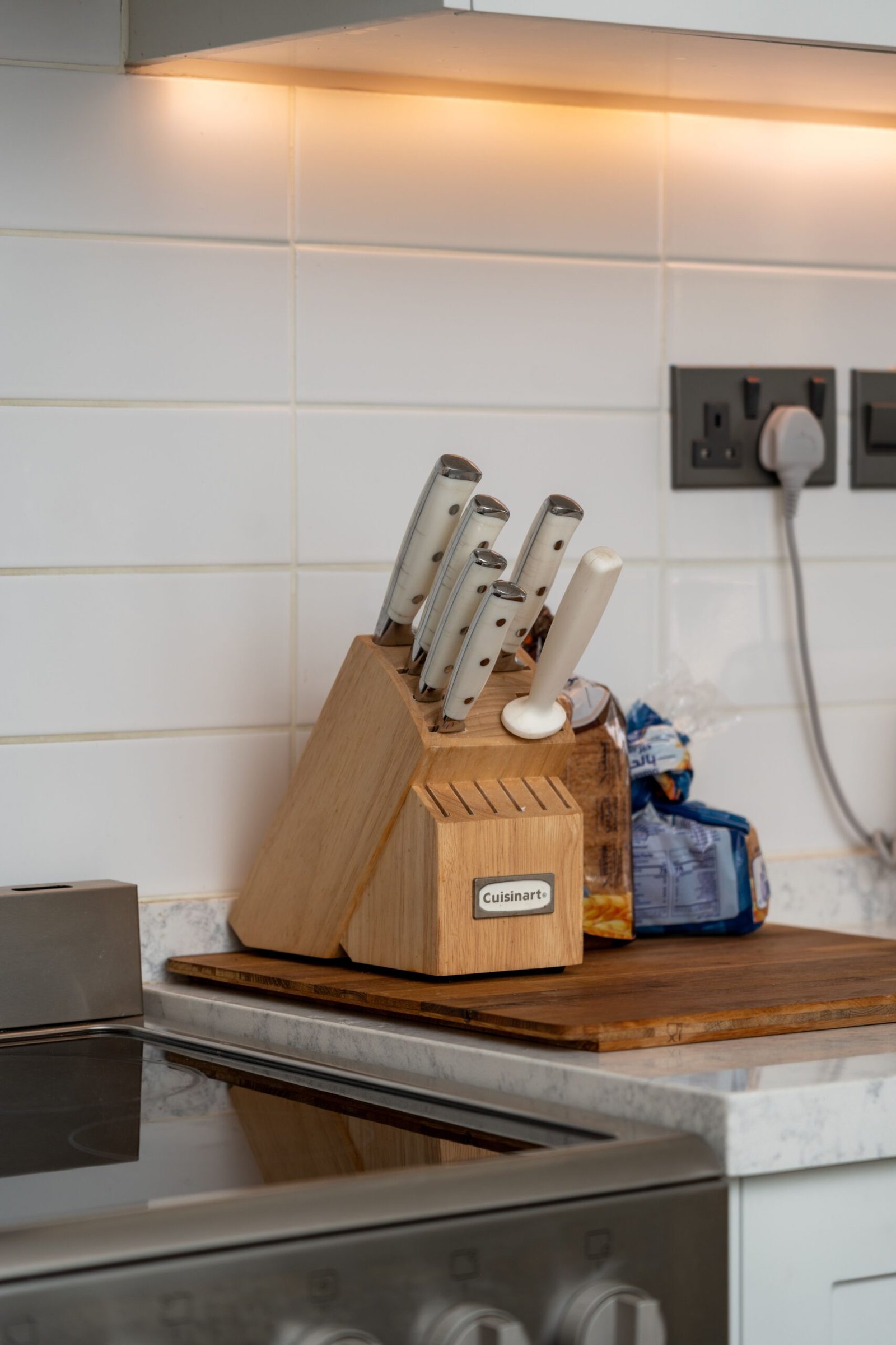 Kitchen knife set in a wooden knife block