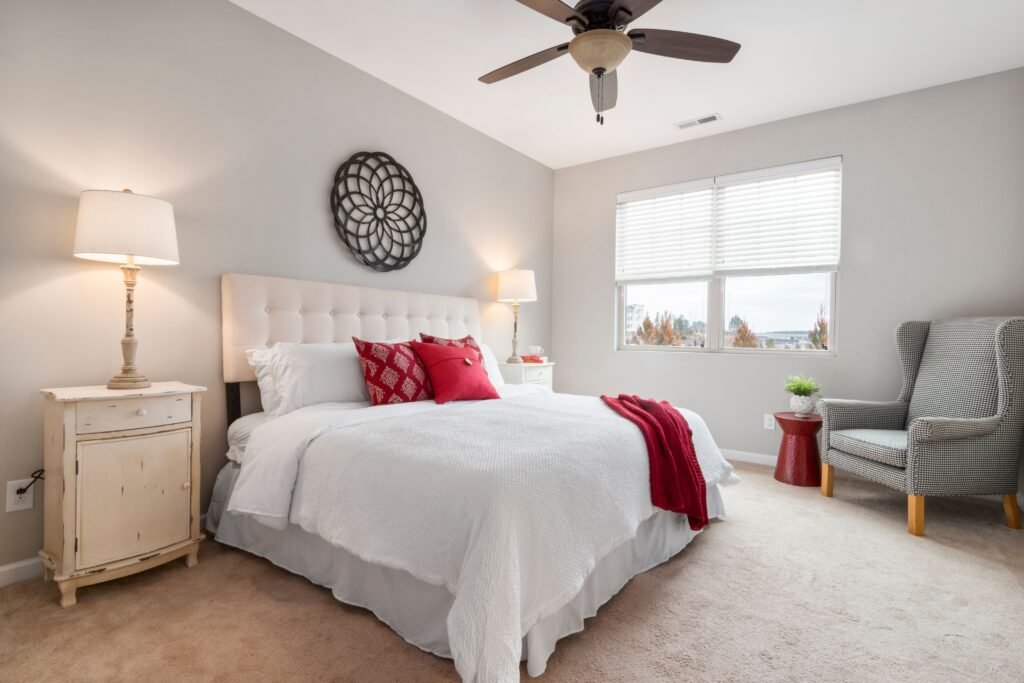 White all-season queen comforter on a bedroom bed
