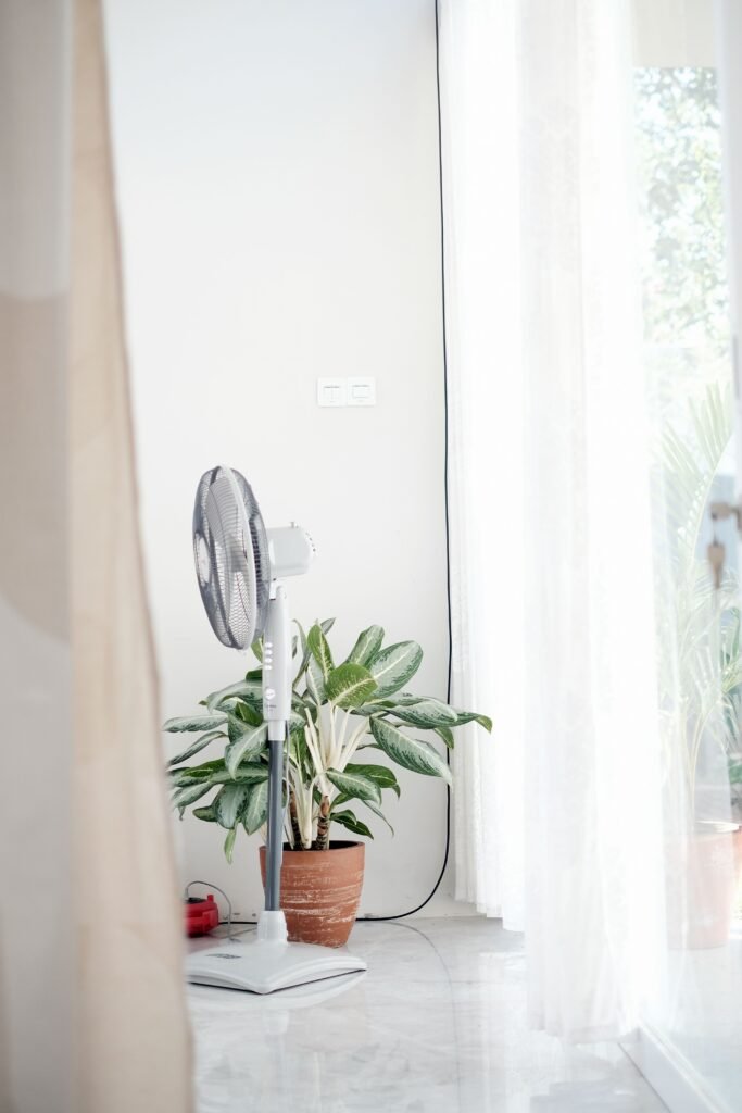 Quiet bedroom standing fan with potted plant