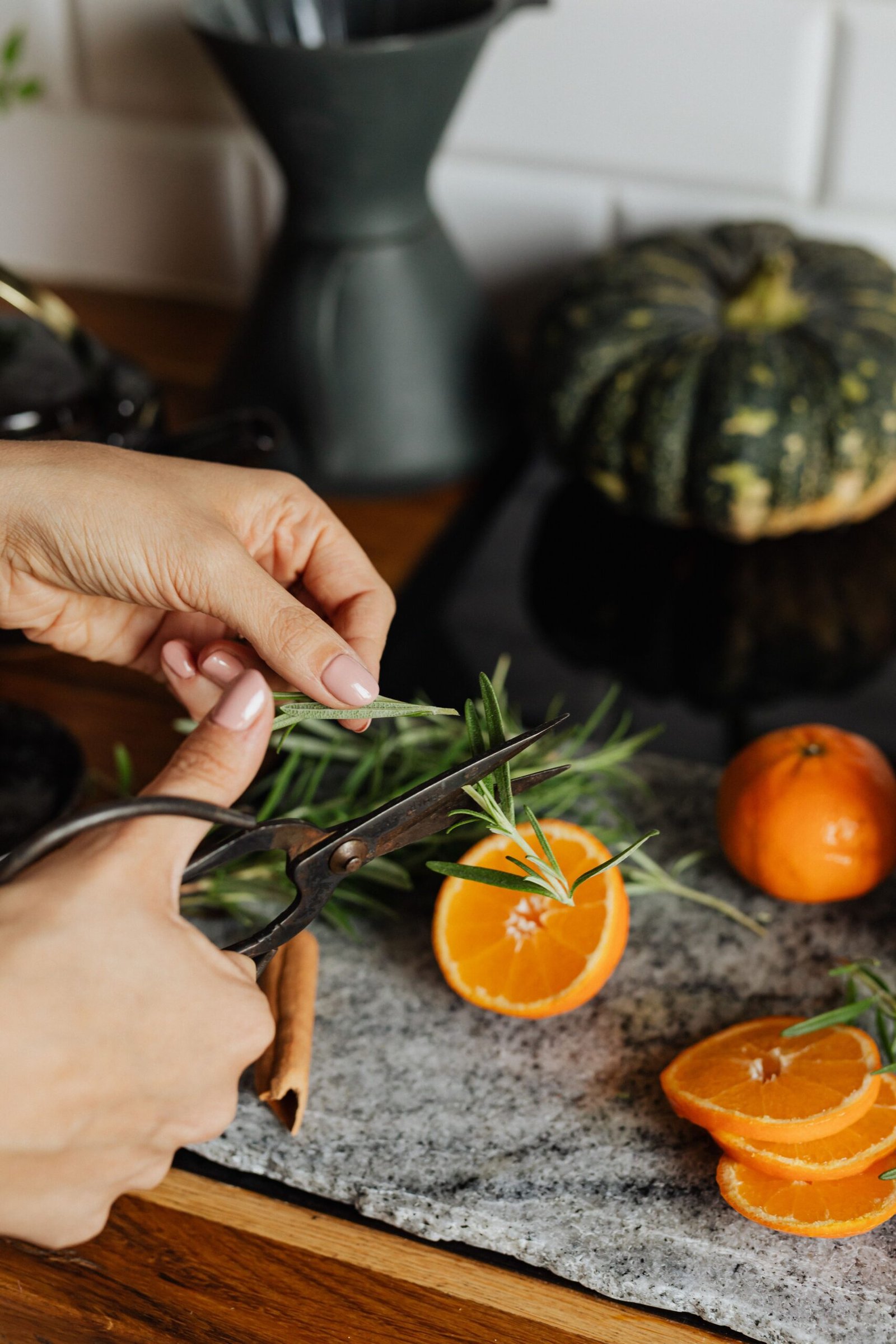 Person using kitchen shears to cut food in a kitchen