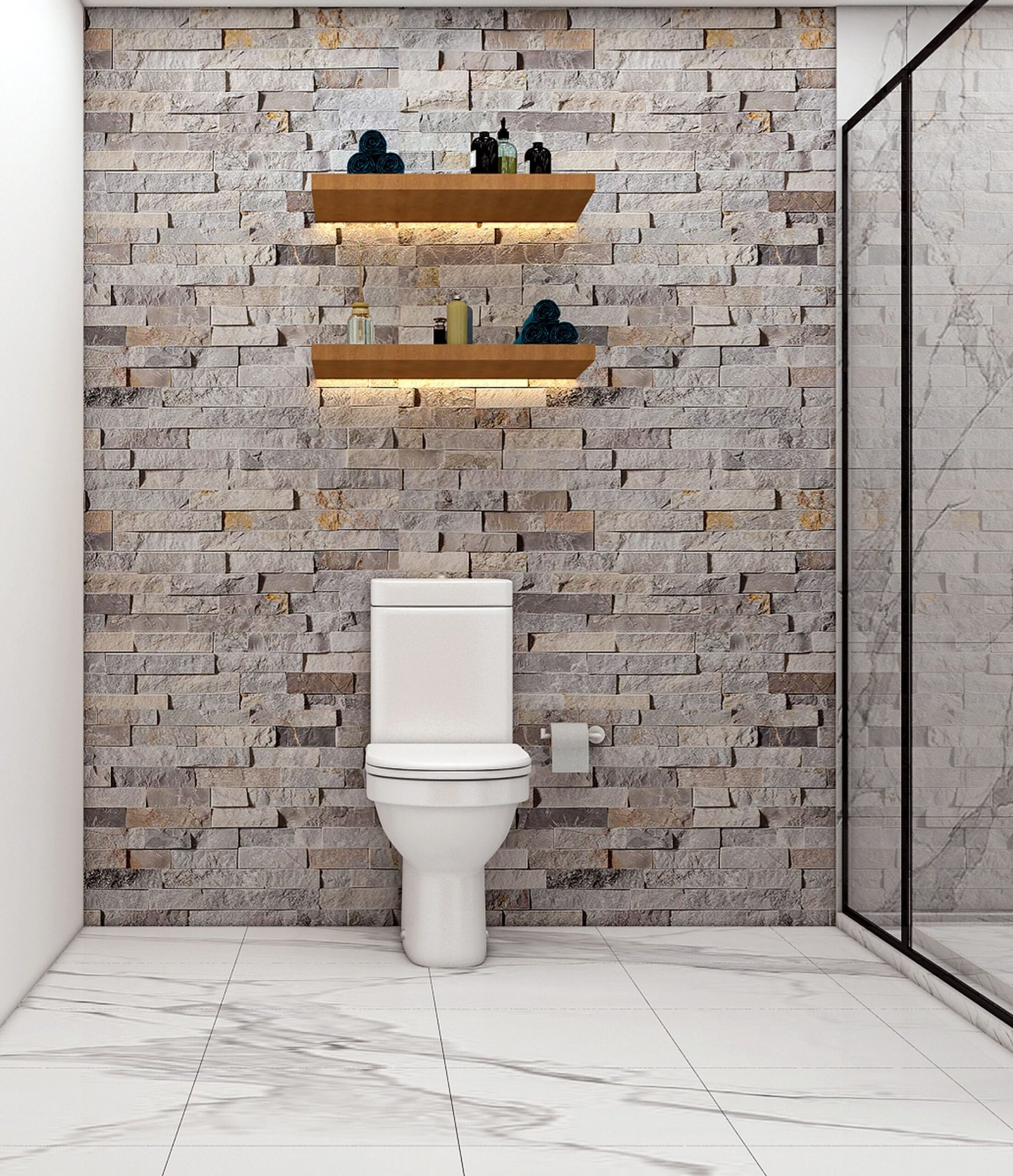 Bathroom shelves with storage items and lighting above the toilet